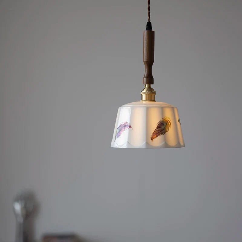 Afralia™ Brown Wood LED Pendant Light - Nordic Modern White Ceramic Hanging Lamp