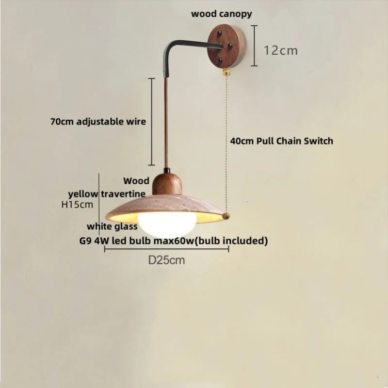 Afralia™ Yellow Travertine LED Wall Sconce Pull Chain Switch, Nordic Modern Wood Mirror Light