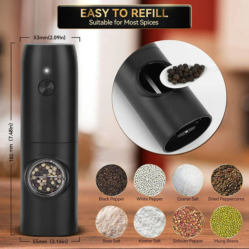 Afralia™ Electric Salt Pepper Grinder Set USB Rechargeable Adjustable Coarseness LED Light