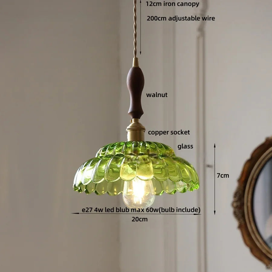 Afralia™ LED Pendant Lamp with Adjustable Wire, Copper Socket, Walnut Wood, Green Glass