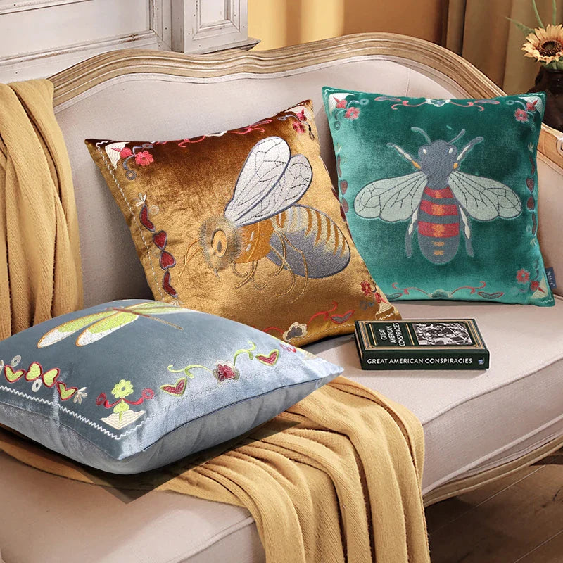 Afralia™ Vintage Bee Green Velvet Cushion Cover, American Style Sofa Waist Pillowcase