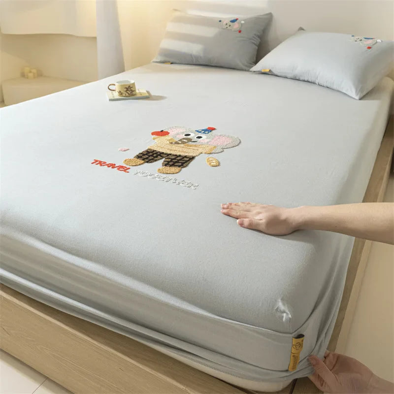 Afralia™ Cartoon Embroidered Fitted Sheet Single Bed Cover, 100% Cotton, All Seasons, Anti-Slip