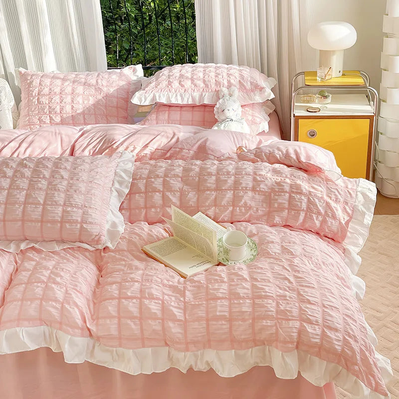 Afralia™ Bubble Gauze Lace Duvet Cover Set - Cooling & Durable Bedding Kit for Summer