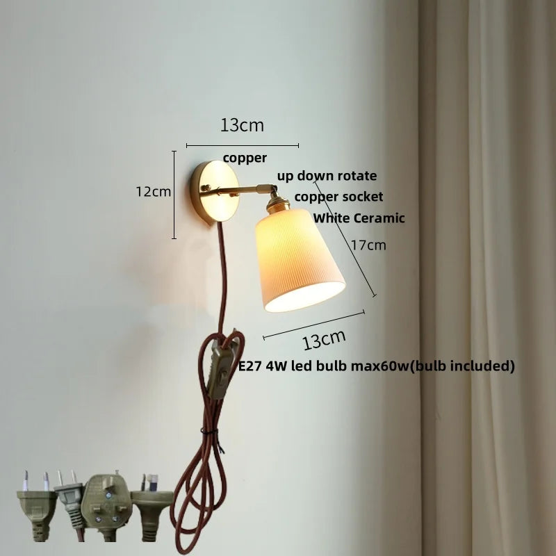 Afralia™ White Ceramic LED Wall Sconce with Pull Chain Switch & Rotate Copper Finish
