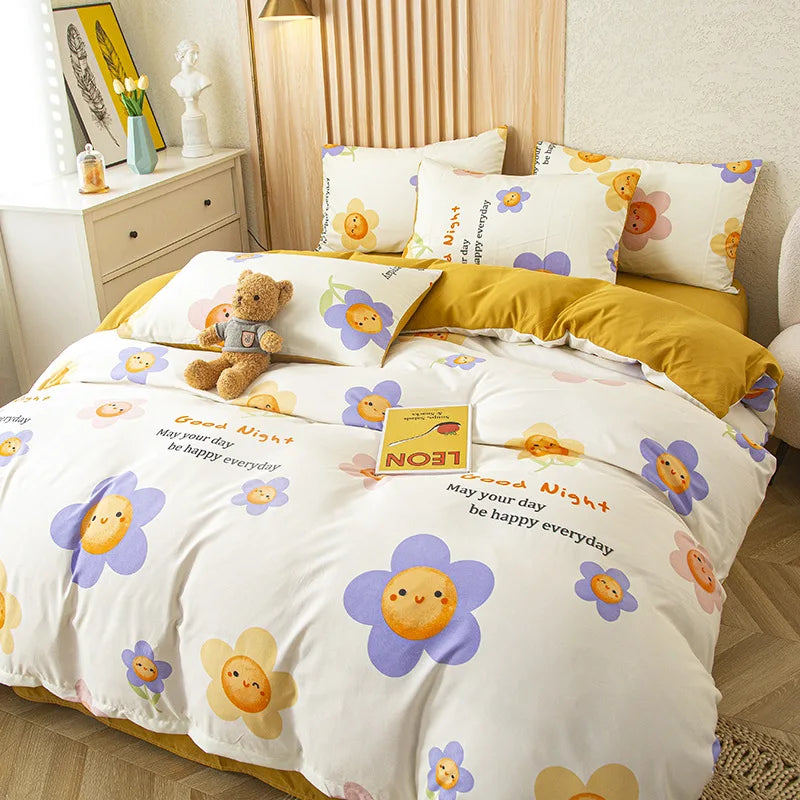 Afralia™ Simple Flower Print 4Pcs Bedding Set - Single Queen Size Girls Boys Bedding
