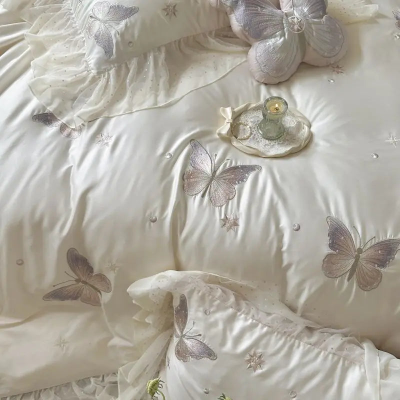 Afralia™ Butterfly Lace Ruffles Embroidery Bedding Set 4Pcs