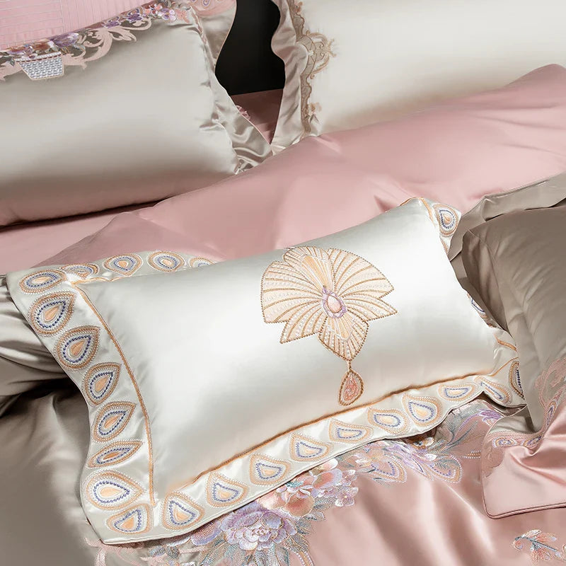 Afralia™ European Palace Style Flowers Embroidery Bedding Set - Duvet Cover, Sheet, Pillowcase