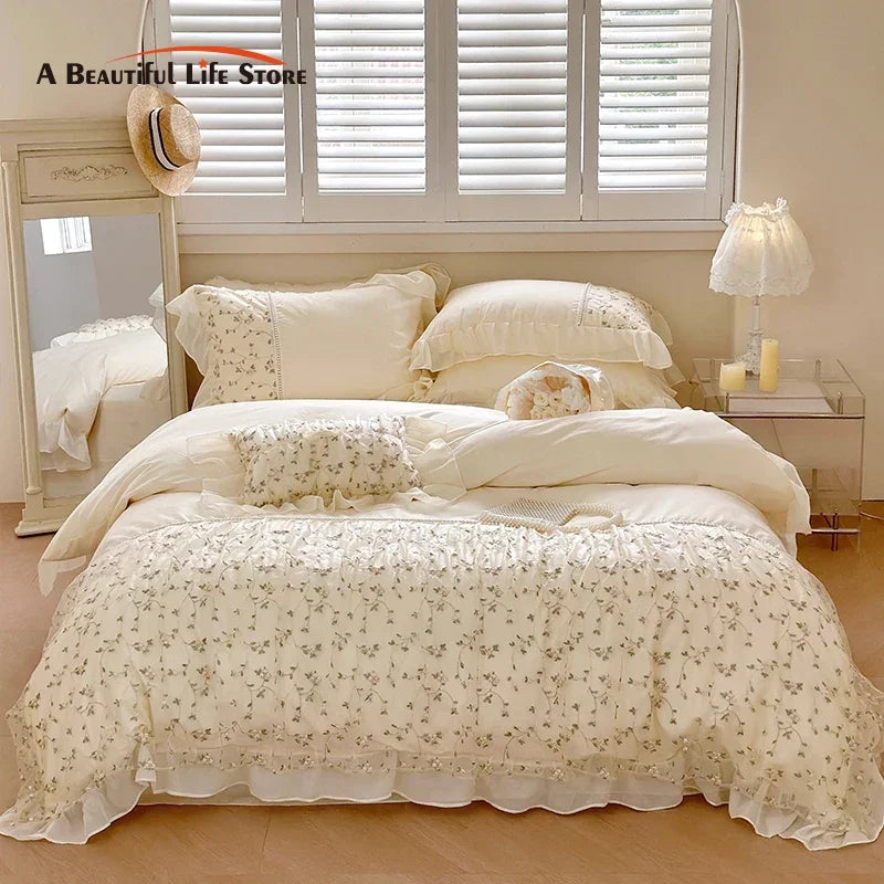 Afralia™ French Princess Floral Lace Ruffles Bedding Set with Imitation Pearls