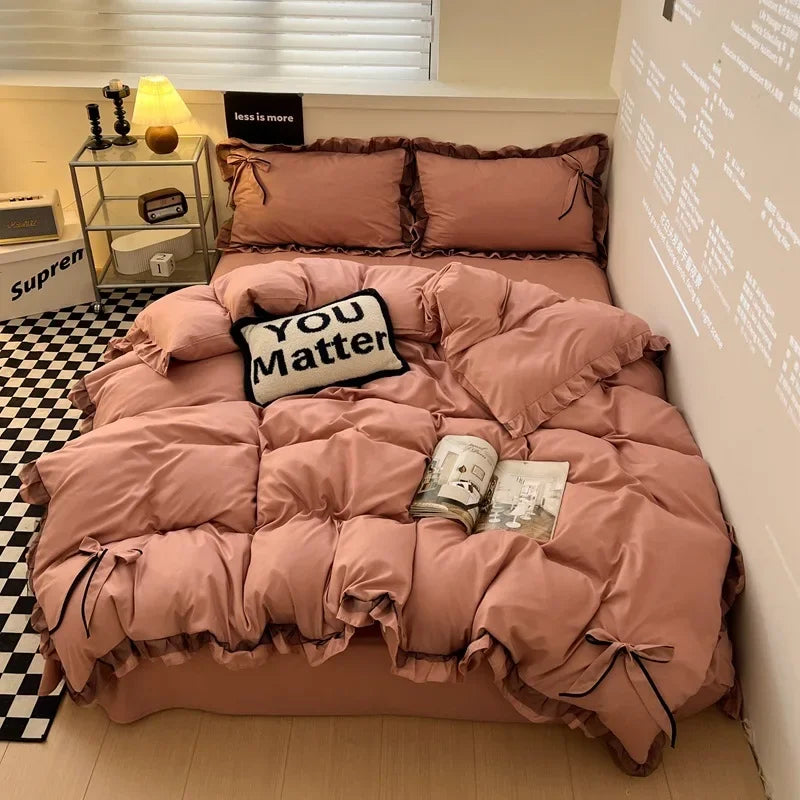 Afralia™ Princess Bow Embroidery Cotton Bedding Set with Lace - Single to King Sizes