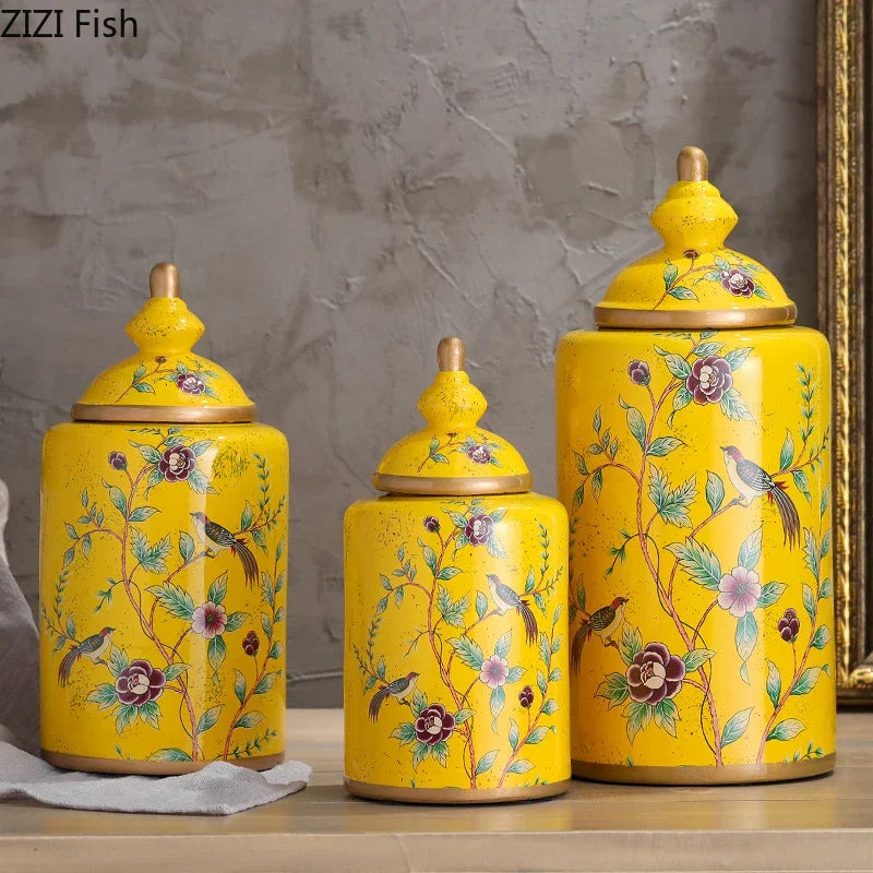 Afralia™ European Flower Bird Ceramic Storage Jar Vase Decoration Tea Coffee Beans Candy Home Decor