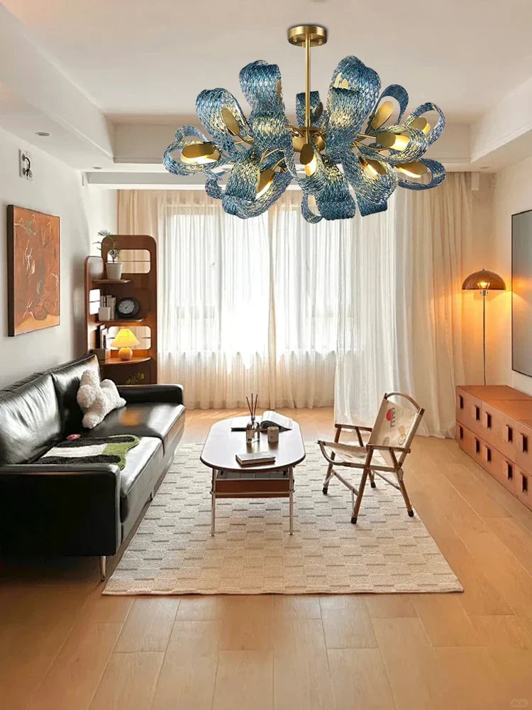 Afralia™ Blue Glass Luxury Brass Ceiling Pendant Light - Creative Flower Design