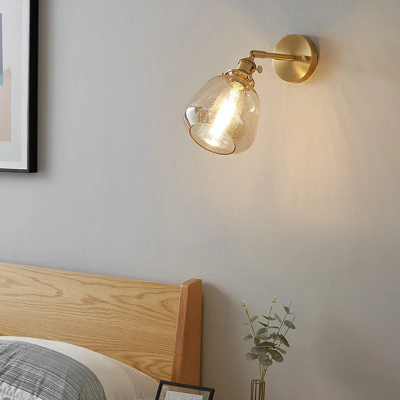 Afralia™ Clear Glass LED Wall Sconce, Modern Rotating Bedside Lamp with Pull Chain & Copper Socket