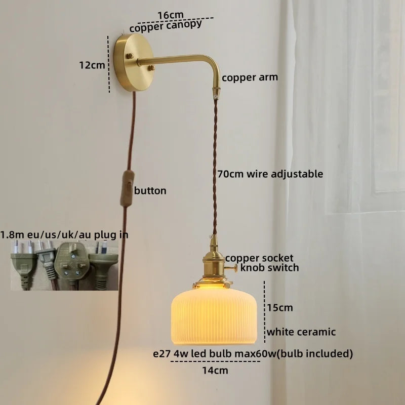 Afralia™ Ceramic Copper LED Wall Lamp with Pull Chain Switch for Modern Style Interiors