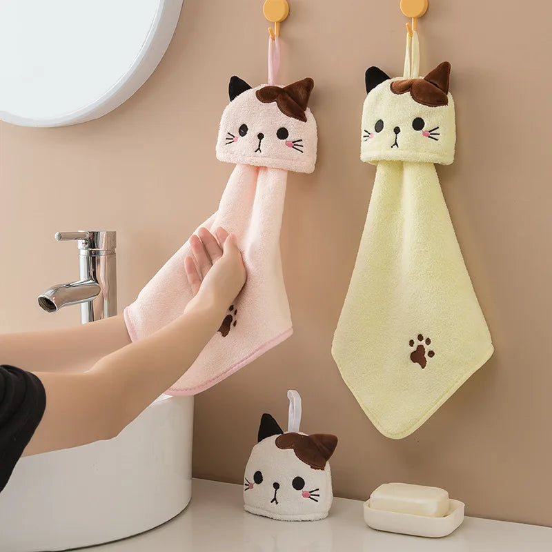 Afralia™ Cartoon Cat Hand Towel: Thick Coral Velvet Towel for Kitchen & Bathroom