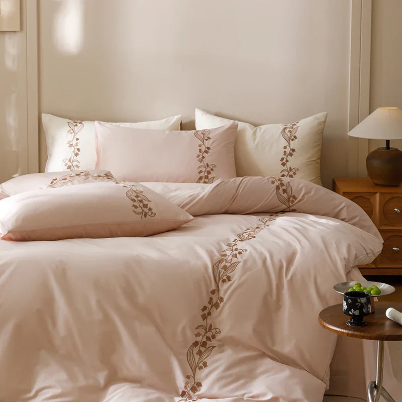 Afralia™ Elegant Lily of the Valley Embroidery Brown Cotton Bedding Set