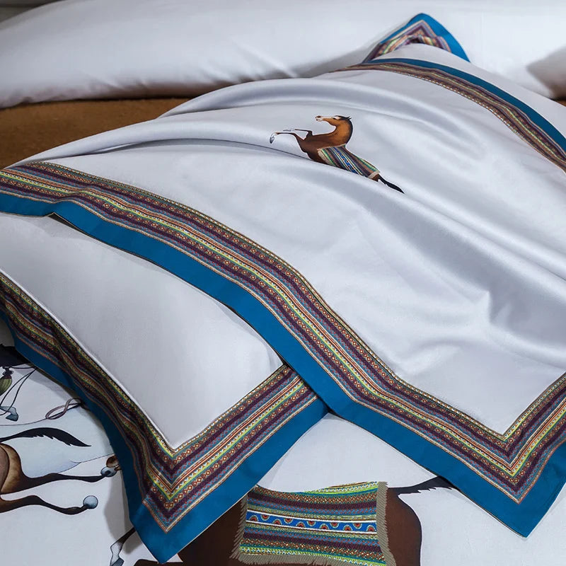 Afralia™ Galloping Horse Luxury Bedding Set 1400TC Egyptian Cotton Duvet Cover Sheet Pillowcases