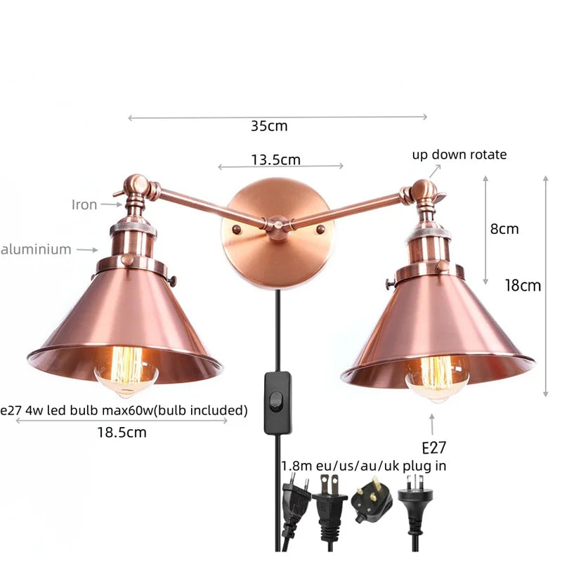 Afralia™ Loft Iron LED Wall Lamp 2 Heads Living Room Vintage Industrial Style Light