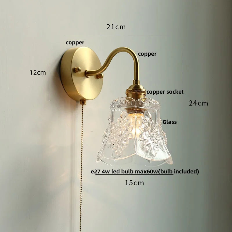 Afralia™ Crystal LED Wall Sconce Brass Mirror Light Modern Nordic Pull Chain Switch