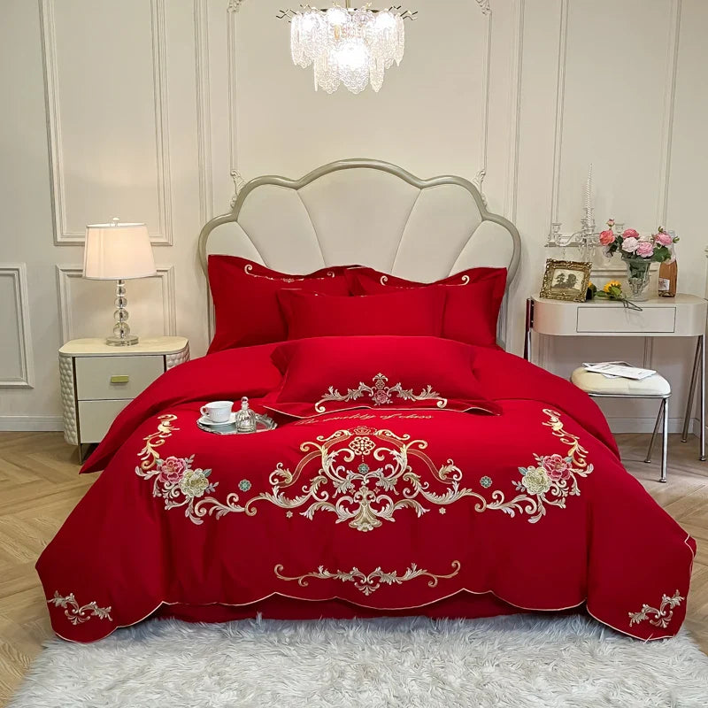 Afralia™ Floral Embroidery Luxury Bed Set - Queen/King Duvet Cover, Sheet, Pillowcases