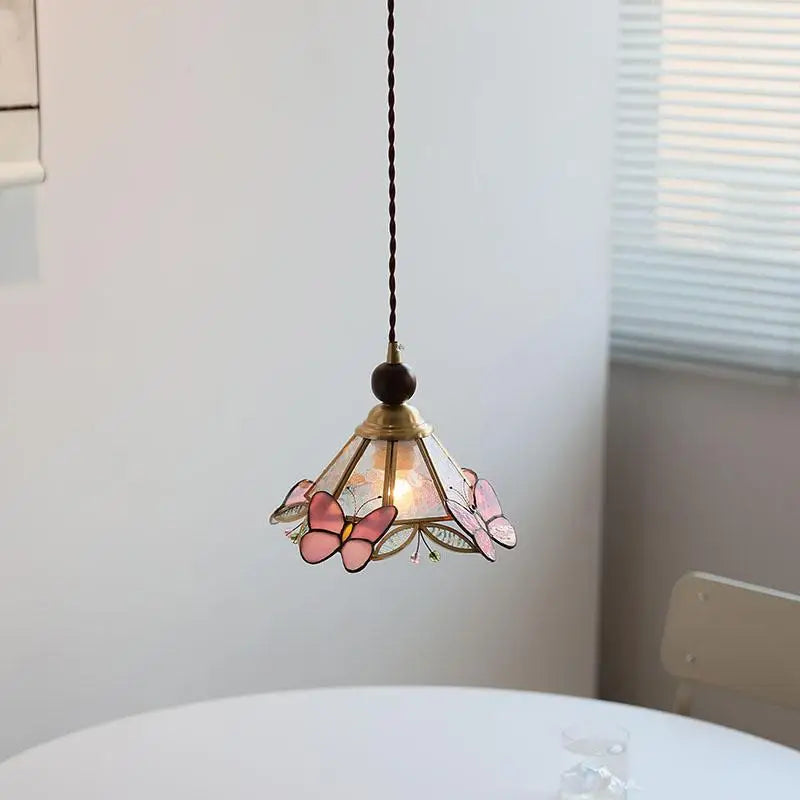 Afralia™ Butterfly Pink LED Pendant Lamp Walnut Wood Glass Nordic Modern Home Decor