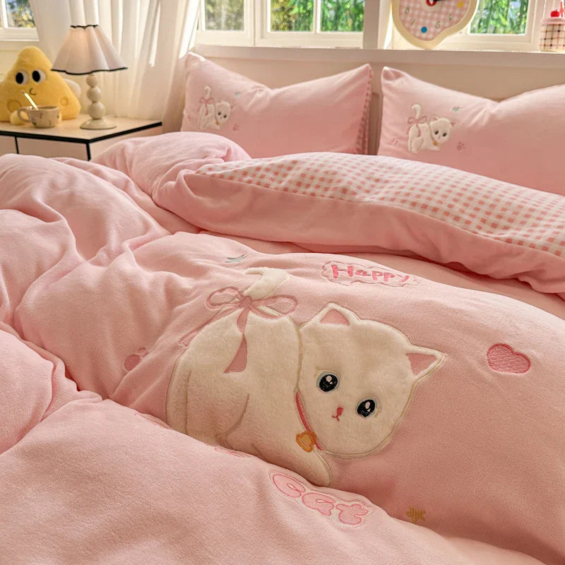 Afralia™ Pink Cat Embroidery Child Bedding Set, Single - King Sizes
