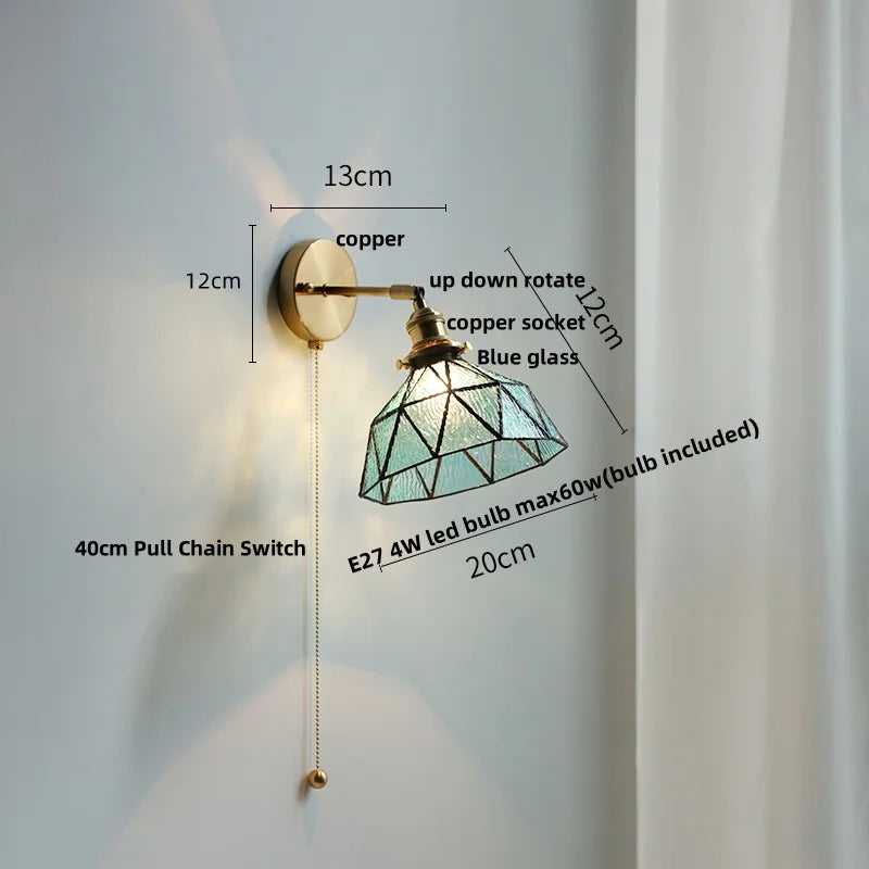 Afralia™ Tiffany Blue Glass LED Wall Sconce Rotate Copper Pull Chain Switch Light