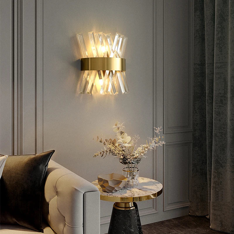 Afralia™ Modern Gold LED Crystal Wall Lamp Living Room Foyer Luxury Sconce