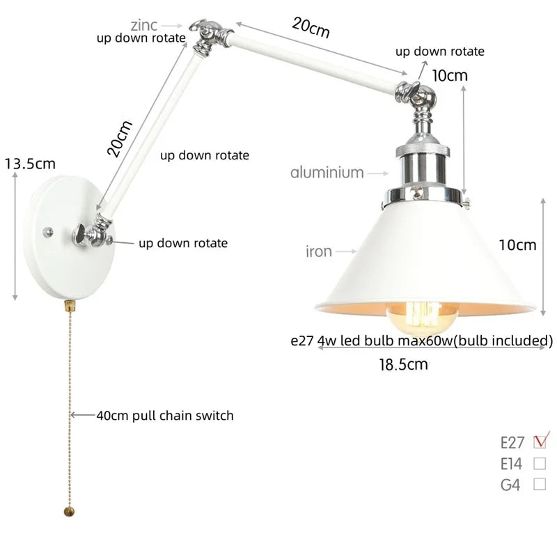 Afralia™ Vintage White LED Wall Sconce Stair Light Fixture with Pull Chain Switch