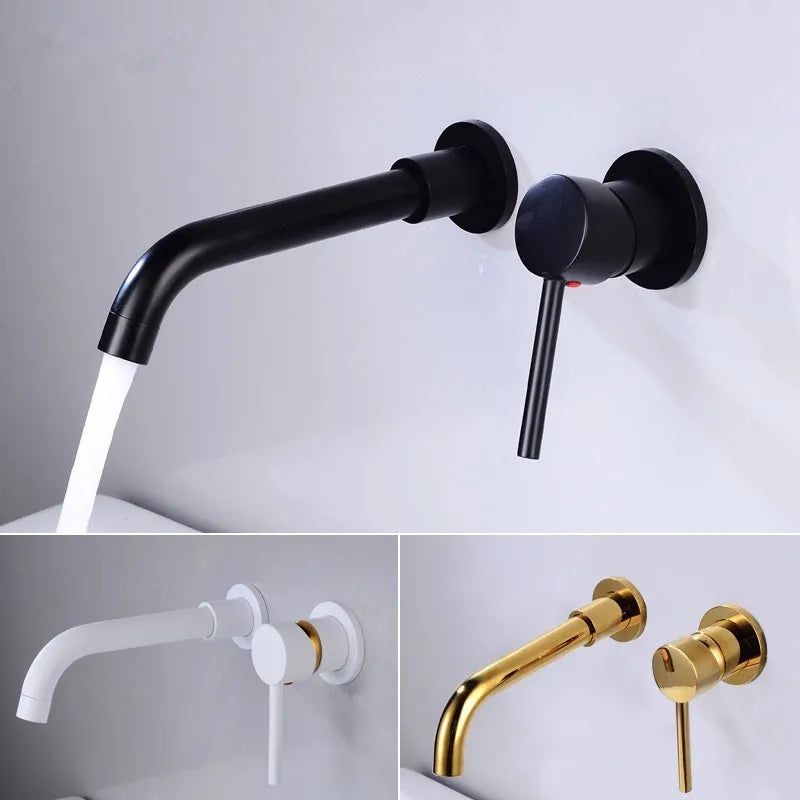 Afralia™ Brushed Gold In-Wall Black Basin Faucet Set for Bathroom Sink Mixer Tap