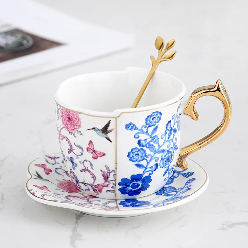 Afralia™ Flowers Bird Pattern Ceramic Tea & Coffee Mug Saucer Set Dining Table Cup