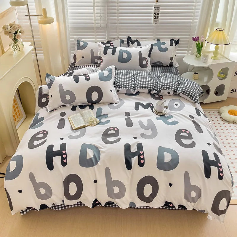 Afralia™ Letter Happy Little Dog Print Bedding Set for Single Double Bed, 3/4Pcs