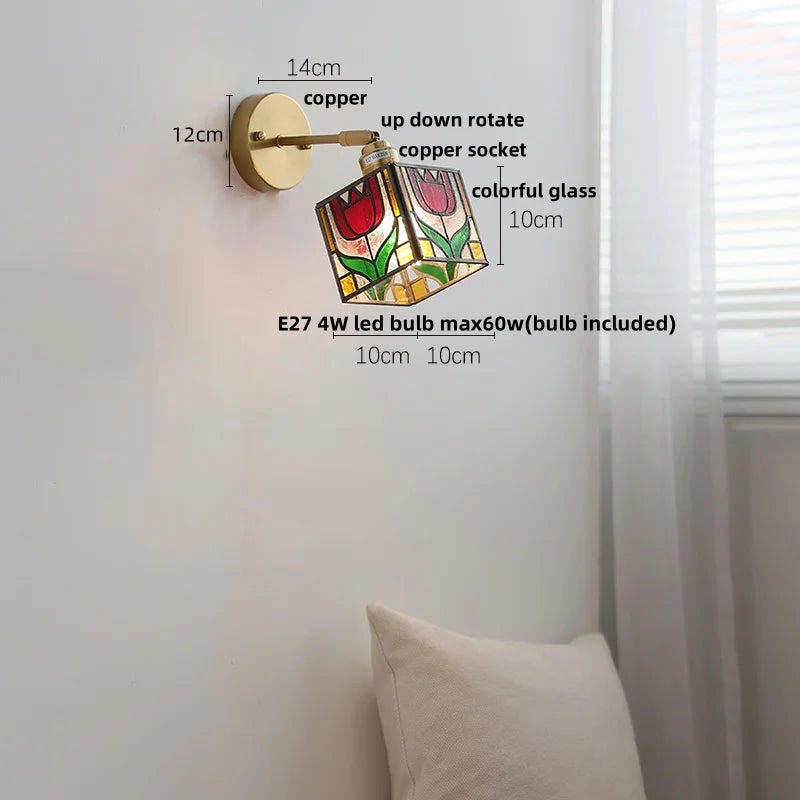 Afralia™ Colorful Square Glass LED Wall Lights with Pull Chain Switch, Tiffany Style