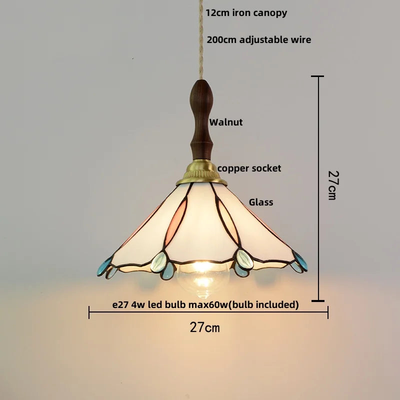 Afralia™ Walnut Wood LED Pendant Tiffany Glass Hanging Lamp - Vintage Dining Room Light