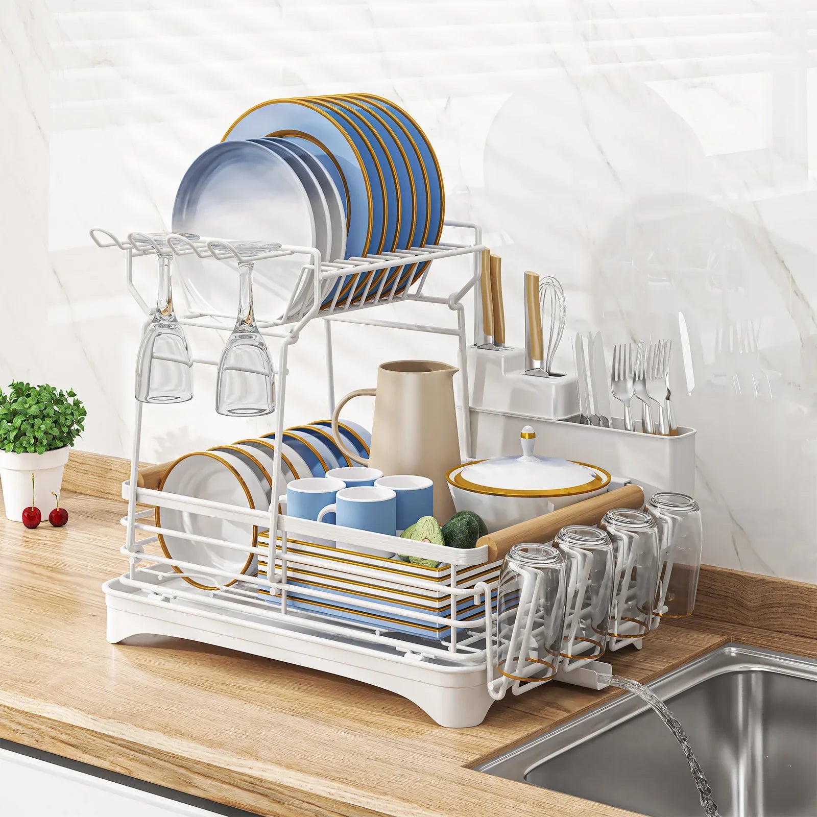 Afralia™ Kitchen Utensil Drainer Rack with Chopstick Cage and Drainboard