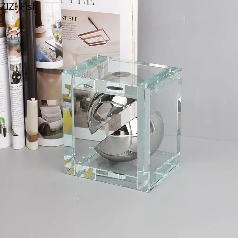 Afralia™ Geometric Silver Block Crystal Ball Desk Decoration - Modern Abstract Art Room Decor