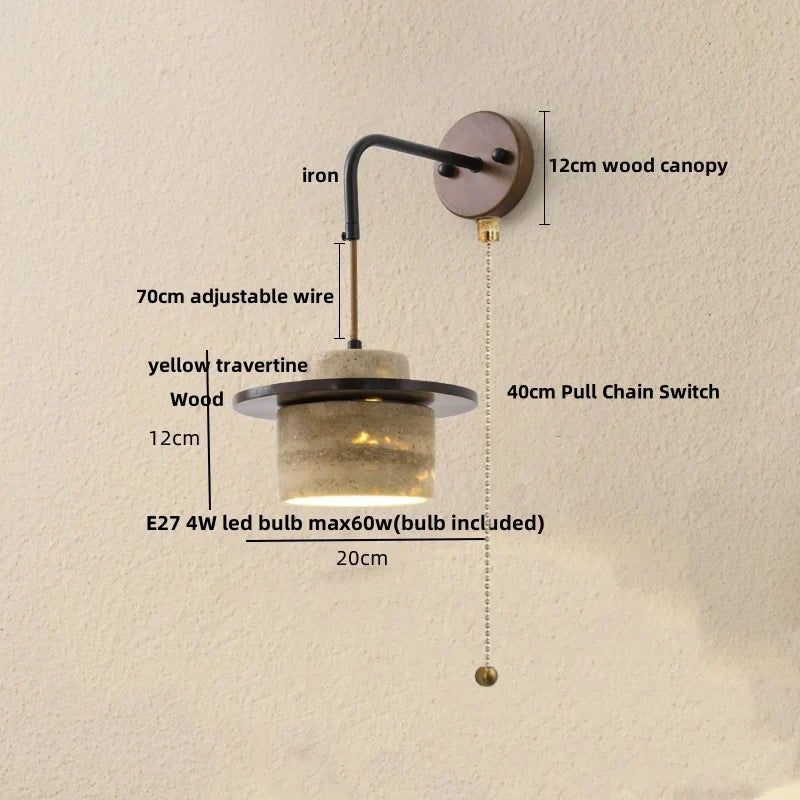 Afralia™ LED Wall Light Fixture Yellow Travertine Stone Modern Bedside Lamp