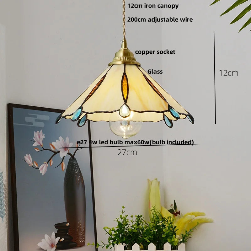 Afralia™ Walnut Wood LED Pendant Tiffany Glass Hanging Lamp - Vintage Dining Room Light