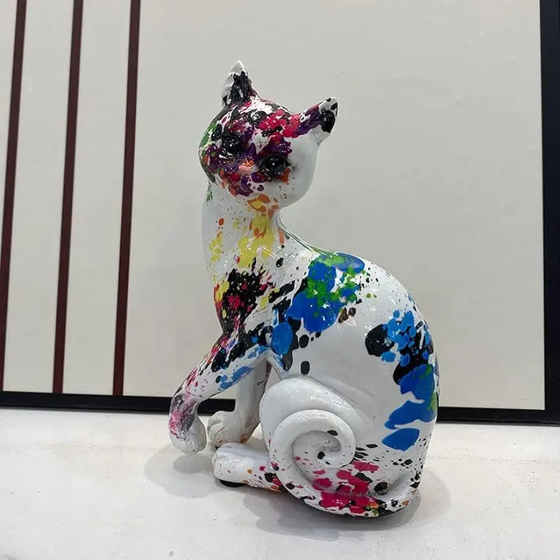 Afralia™ Multicolor Cat Statue, Splash Color Kitten Sculpture for Home & Office Decoration