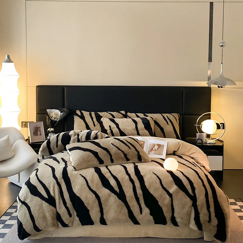 Afralia™ Winter Zebra Print Bedding Set: Thick Milk Velvet, Soft & Warm bed sheet, duvet cover, pillowcase