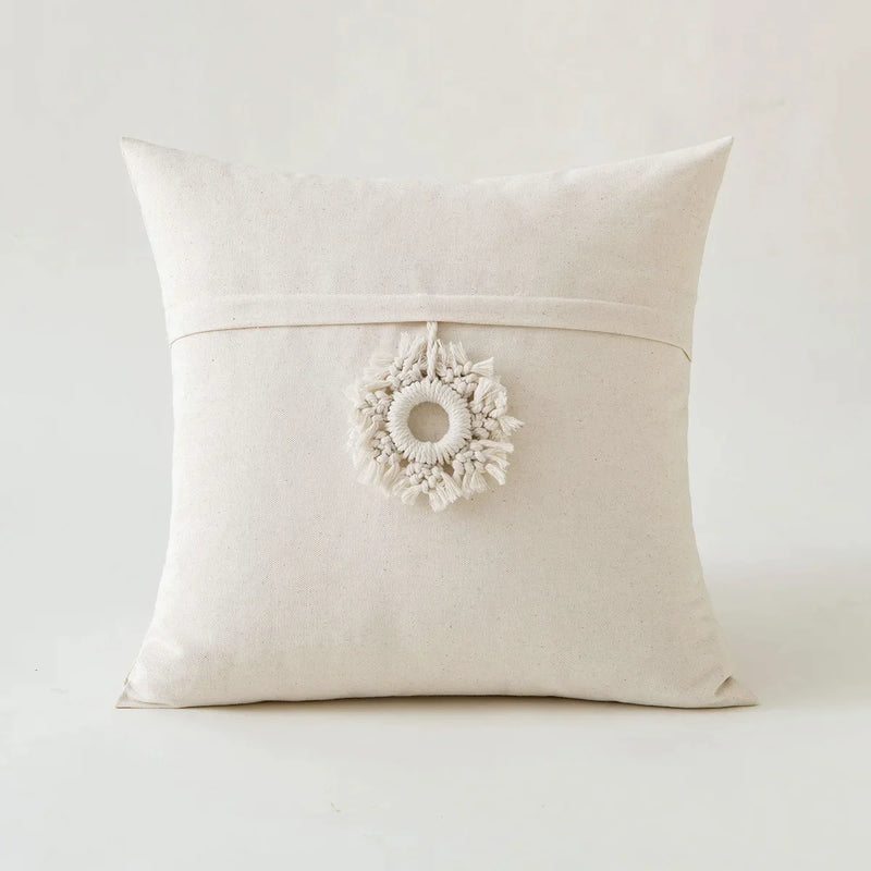 Afralia™ Beige Tufted Fringed Cushion Cover Cotton Linen Tassel Crochet Pillow Cover