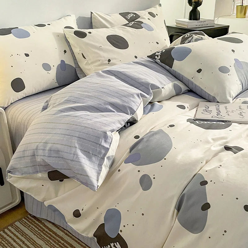 Afralia™ Pure Cotton Striped Bedding Set Duvet Cover Fitted Sheet Kit for Single/Double