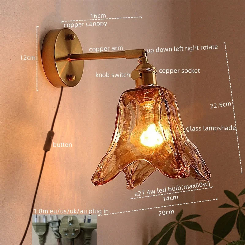 Afralia™ Japanese Style LED Wall Lamps Living Room Coffee Balcony Stair Light Copper Glass