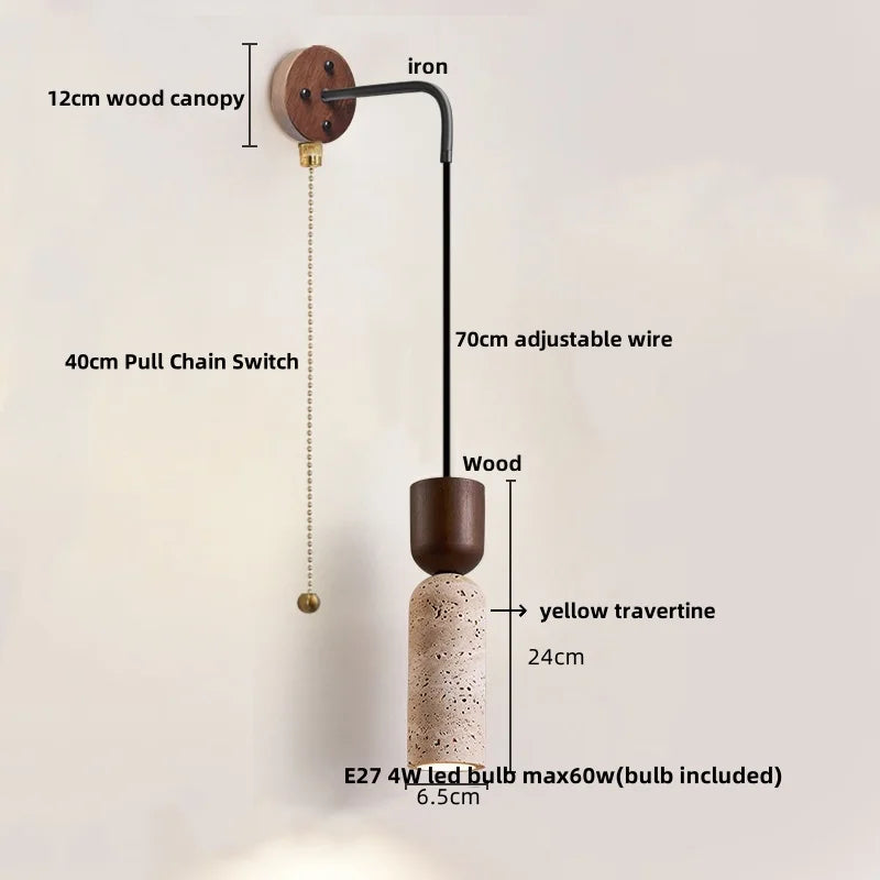 Afralia™ LED Wall Lamp Pull Chain Switch Wood Nordic Modern Yellow Travertine Mirror Light