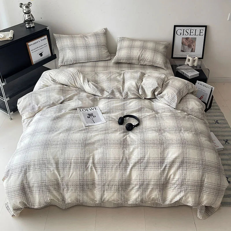 Afralia™ Natural Cotton Grid Duvet Cover - Twin Double Size