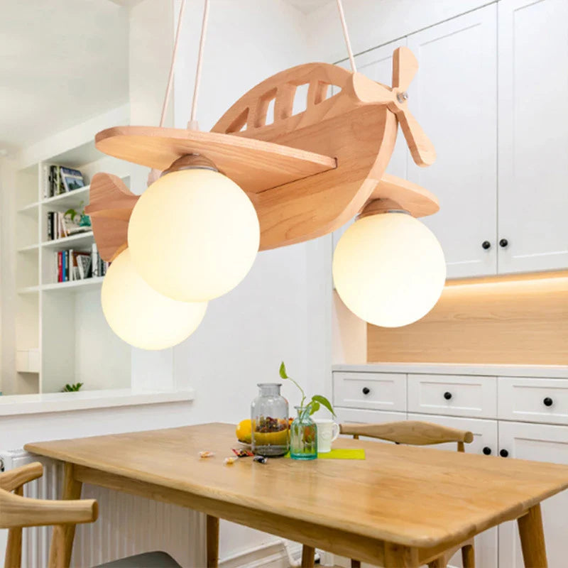 Afralia™ Kids Wood Airplane Chandelier LED Pendant Light for Boy Bedroom