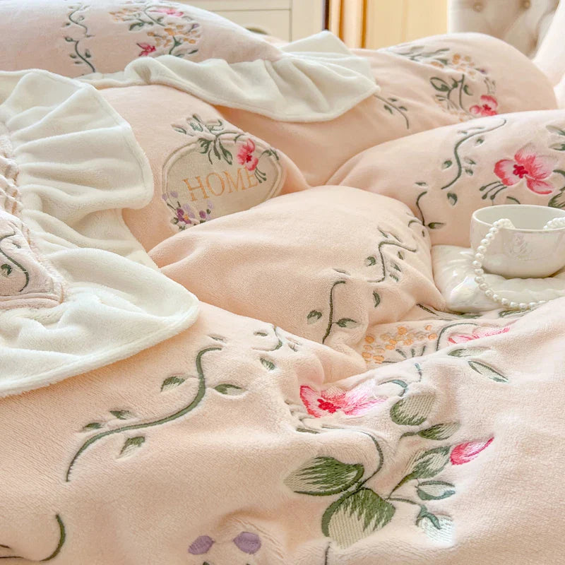 Afralia™ Pink Flowers Embroidery Princess Bedding Set - Velvet Material
