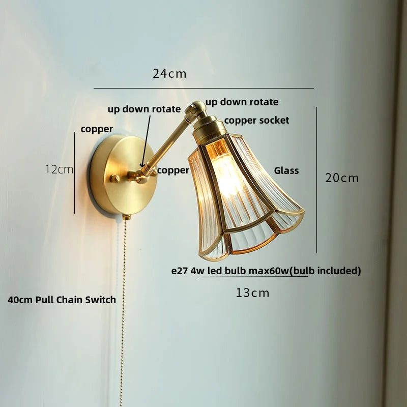 Afralia™ Vintage Brass Clear Glass Wall Lights Rotate Bedside Lamp for Restaurant Bedroom
