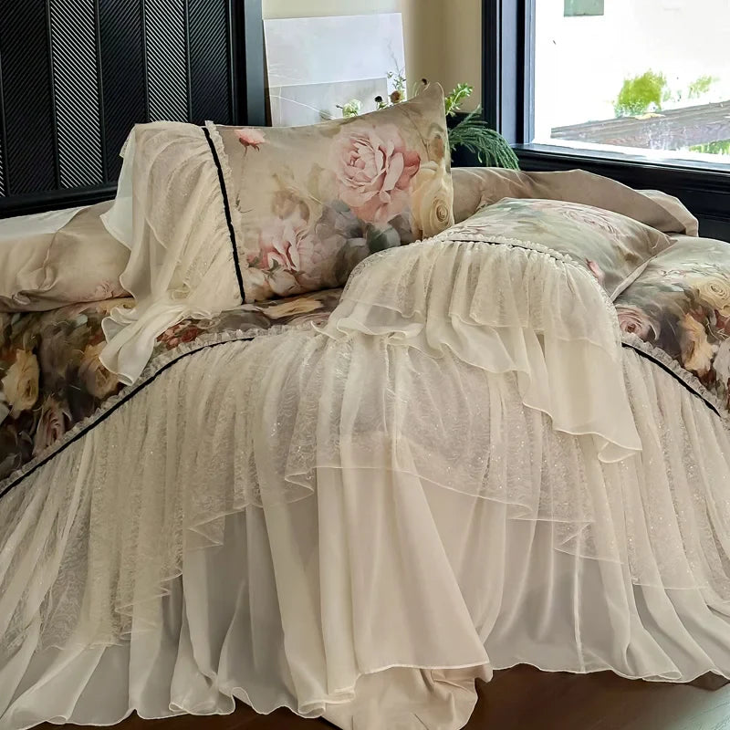 Afralia™ Double Lace Ruffles Egyptian Cotton Thickened Bedding Set - Duvet Covers, Sheet, Pillowcases