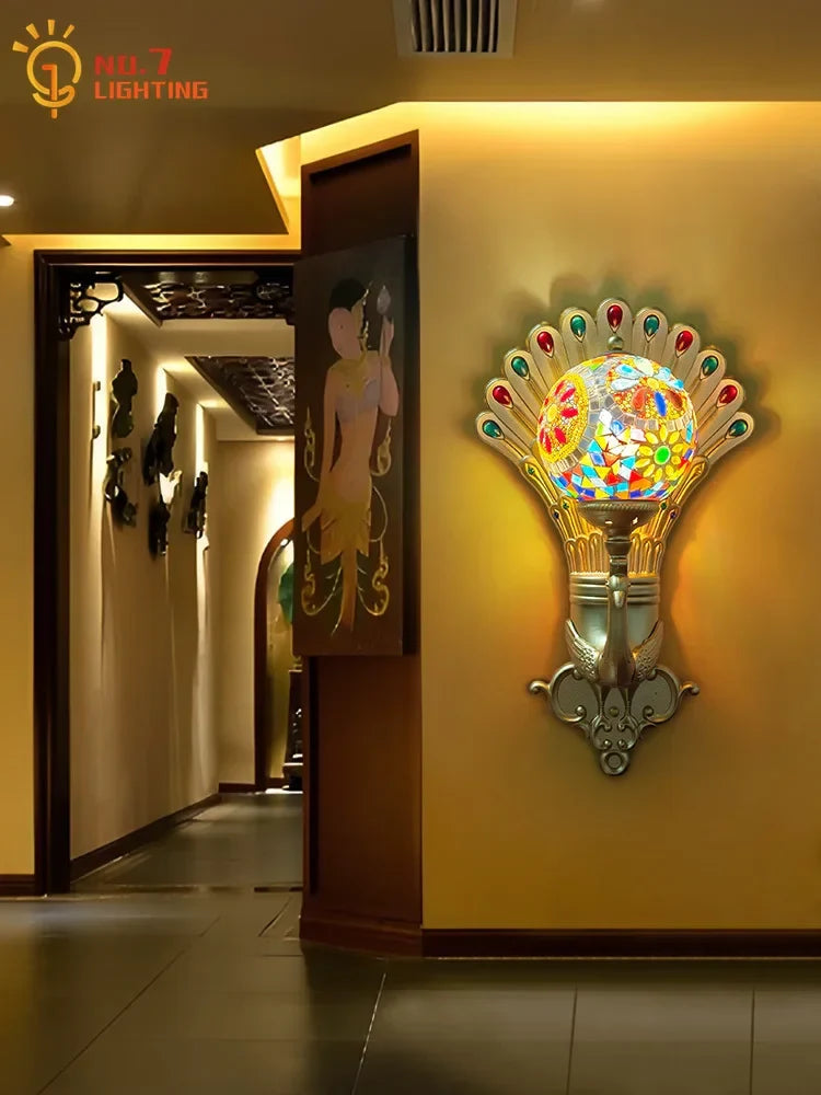 Afralia™ Peacock Tiffany Glass LED Wall Lamp for Bohemian Decor