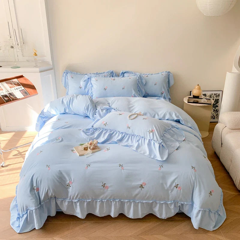 Afralia™ Rose Flowers Ruffle Lace Bedding Set, Washed Cotton Duvet Cover, Skin Friendly